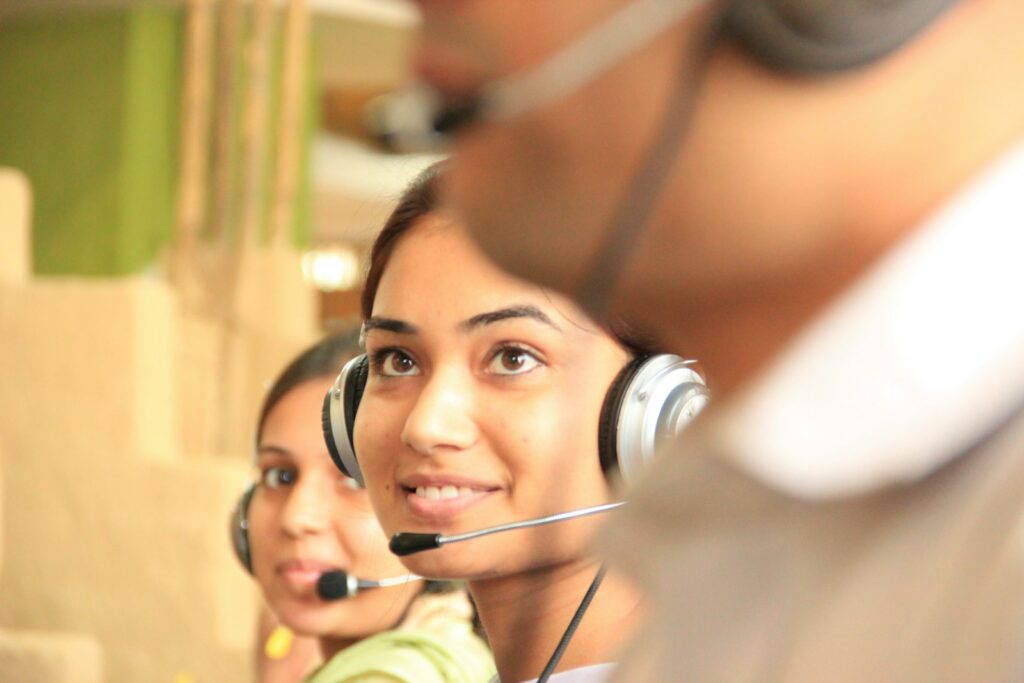 Interpreters with headsets connect callers