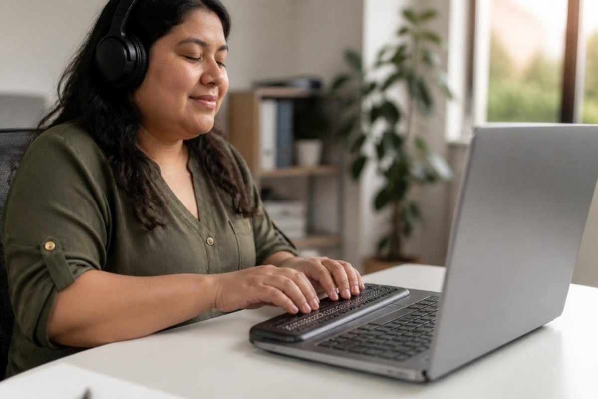Woman using a screen reader and refreshable braille display to browse a website