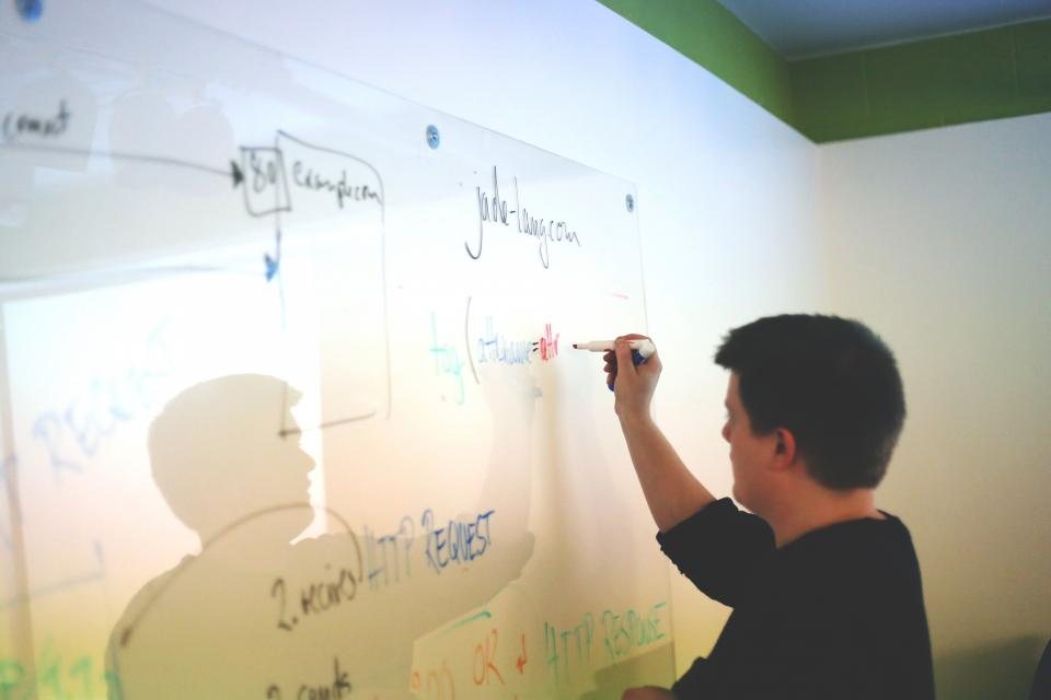 Analyst mapping a plan on a whiteboard