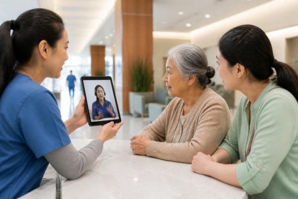 Nurse connecting an older patient and her daughter with a video medical interpreter